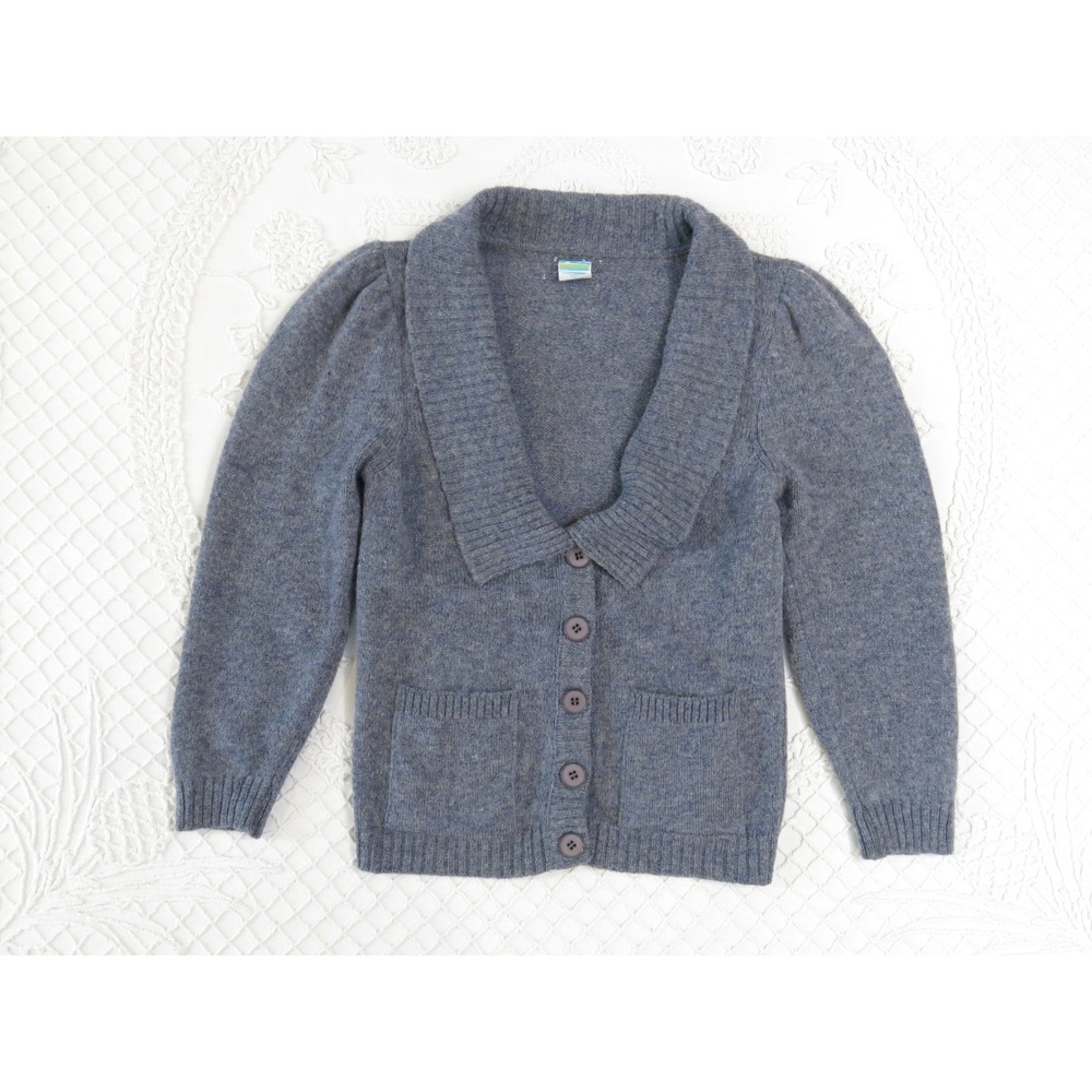 Vintage Wool Heather Blue Shawl Collar Cardigan Puff Shoulder Sweater M Cottage